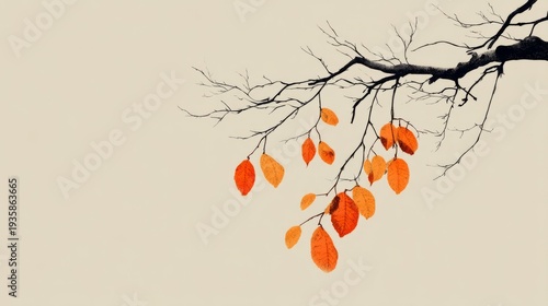Minimalist Illustration of a Bare Branch with Few Bright Orange Leaves