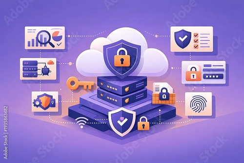 Professional flat vector illustration of source code security scanning interface with layered code window panels, alert indicators and protected repository symbols