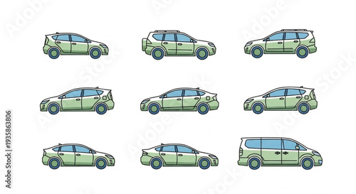 Collection of diverse car models and types illustrated.