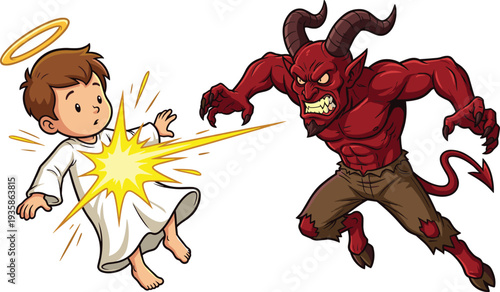 Cartoon Illustration of a Cute Little Angel Repelling a Fierce Red Devil with a Powerful Shield of Divine Light Energy