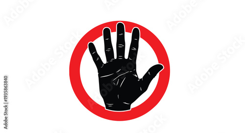 A black hand with fingers spread apart inside a red prohibition sign