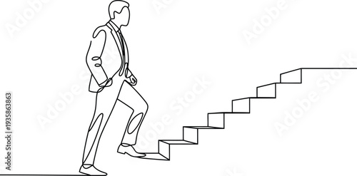 This continuous line drawing depicts a determined businessman steadily walking up a clear set of steps