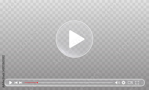 Multimedia video player template glass morphism style on checkered background for video live streaming, online cinema, social media interface
