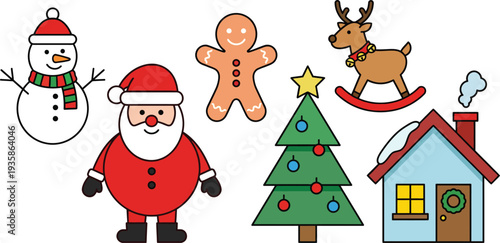 Festive holiday illustration featuring a snowman santa reindeer and christmas tree