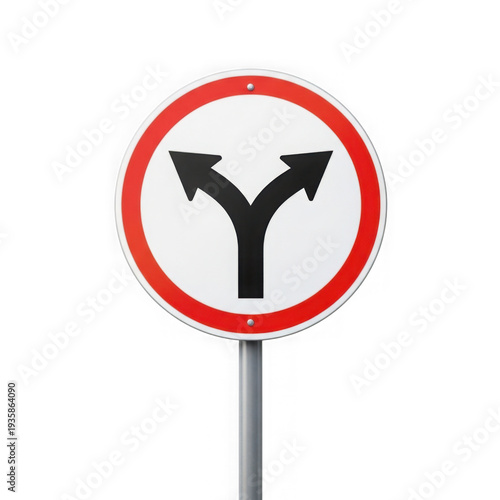 A red and white yield sign indicating a fork in the road ahead isolated on transparent background