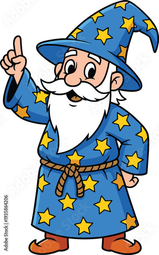 Cartoon Wizard Character in Blue Starry Robe and Pointy Hat Pointing Up Isolated on White Background