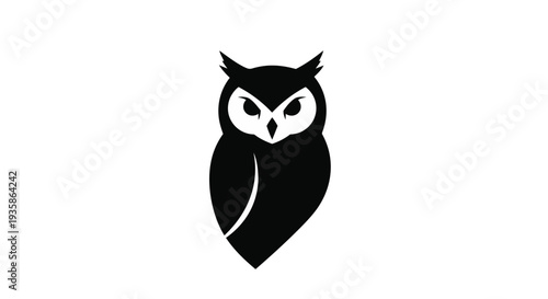 A black owl silhouette with white eyes on a pure looking forward