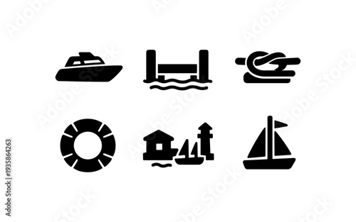 Collection of nautical and maritime icons including boats, dock, knot, life preserver, and lighthouse