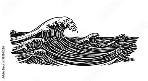 A black and white illustration of a large ocean wave cresting and breaking