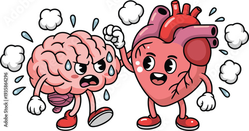 Funny Cartoon Brain and Heart Characters Fighting Showing Stress Emotion Conflict Mental Health Concept Vector Illustration Isolated Background Design