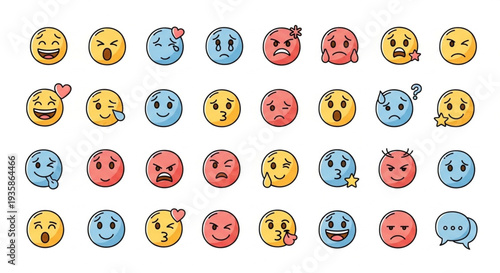 Collection of Diverse Emoji Faces Expressing Various Emotions.