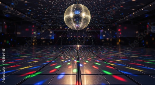 Wallpaper Mural Reflecting disco ball illuminates an empty dance floor with colorful light patterns Torontodigital.ca