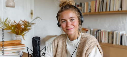 Woman recording music at home.
