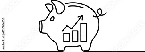 This continuous line drawing depicts a piggy bank showcasing positive financial growth with an upward trend