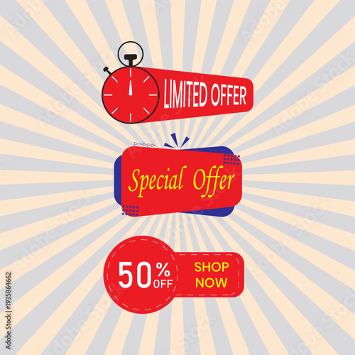 Limited Offer with Alarm Clock, Special Offer Banner, and 50% Off Shop Now Badge
