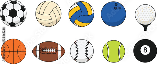Sports balls icons collection, soccer basketball baseball tennis volleyball bowling billiard and more, athletic game equipment vector illustration isolated