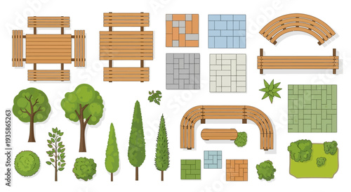 Top down view of park elements including benches trees and paving stones