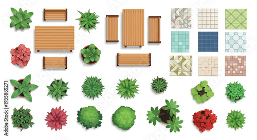 Overhead view of various garden and patio elements arranged neatly