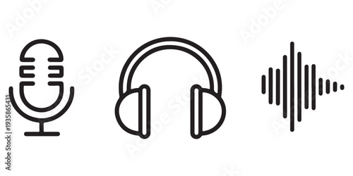 Podcast and Audio Recording Line Icons Microphone Headphones and Soundwave