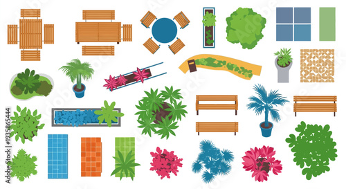 Overhead view of park elements including trees benches and pools