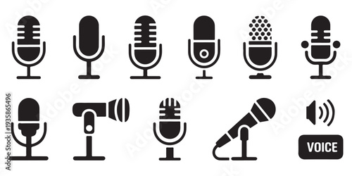 Microphone Icons Set for Audio Recording and Broadcasting. Collection of various mic symbols for podcasting, voice, and sound.