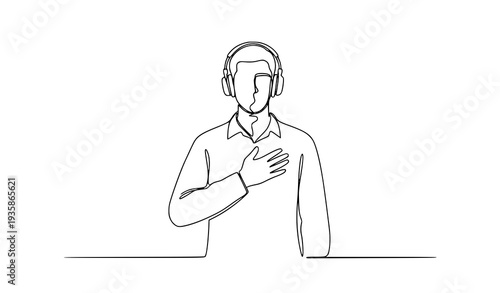 Continuous One Line Drawing Man with Hand Over Heart Patriotic Respect Concept Vector