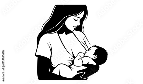 Mother Breastfeeding Baby Silhouette Black and White Vector Maternal Bond Illustration