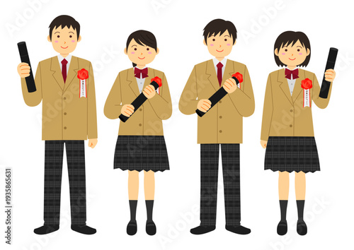 卒業式をイメージした卒業証書を持つ制服を着た学生のイラストのセット_ベージュ