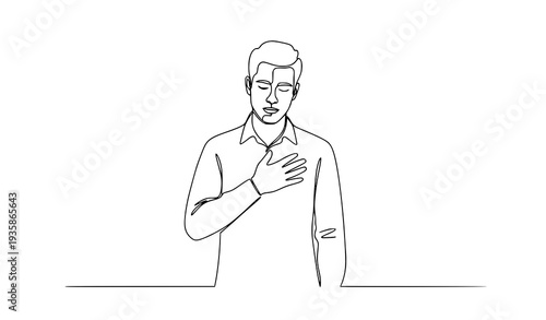 One Line Art Man Touching Heart Listening to National Anthem Emotional Concept Illustration