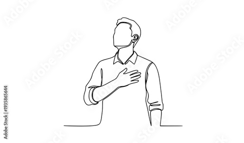 Minimal Continuous Line Man with Hand on Heart Patriotic Tribute Vector Illustration