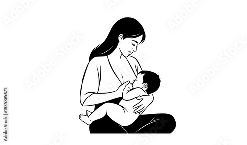 Black and White Breastfeeding Mother and Baby Vector Illustration Maternal Care Concept