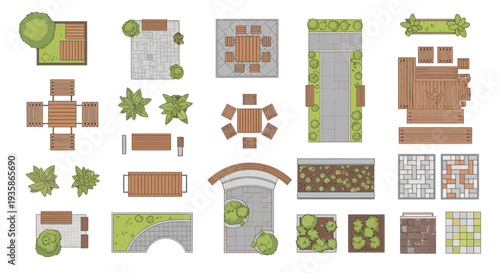 Architectural plan view of various outdoor furniture and landscaping elements