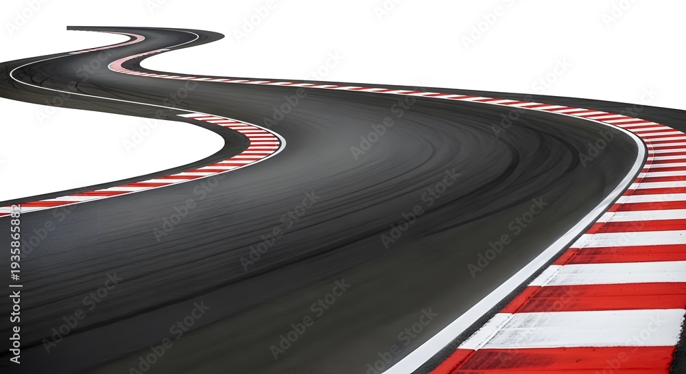 Naklejka premium Empty asphalt race track with red and white striped curbs curving sharply