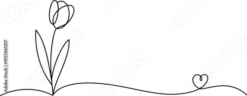 This elegant continuous line drawing portrays a beautiful tulip bloom alongside a loving heart shape