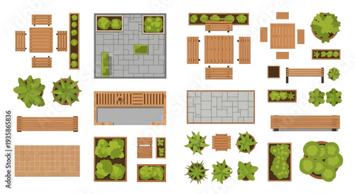 Overhead view of a park with trees benches and pathways