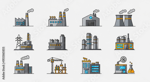 Collection of Industrial Factory Building Icons Vector Illustration.