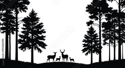 Vector deer family silhouette in forest landscape