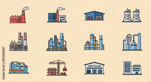 Collection of Industrial Factory Building Icons Vector Illustration.