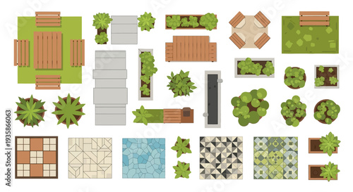 Top down view of a landscaped outdoor area with various elements