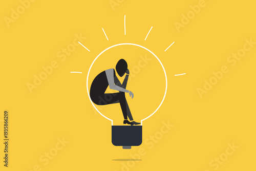 Businessman sitting thoughtfully inside a giant lightbulb, representing creative thinking, deep problem solving, innovation, and the birth of ideas