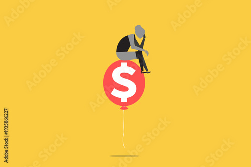 Business woman sitting thoughtfully on a giant dollar coin balloon, representing financial risk, economic bubble, investment instability, and market fragility