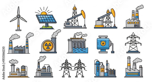 Collection of industrial energy production and power generation icons.
