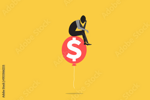 Businessman sitting thoughtfully on a giant dollar coin balloon, representing financial risk, economic bubble, investment instability, and market fragility