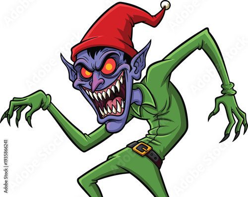 Menacing cartoon goblin character with sharp teeth and glowing eyes wearing a red hat isolated on a plain white background