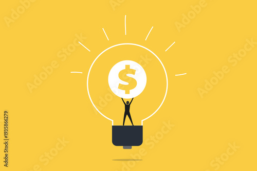 Businessman standing inside a giant lightbulb holding a large dollar coin, representing successful innovation, monetizing ideas, and financial growth