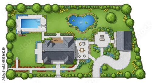 Aerial view of a luxurious estate with a pool ponds and gardens