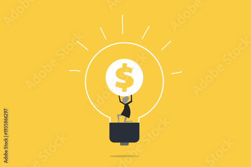 Business woman kneeling while lifting a giant dollar coin inside a large lightbulb, representing the hard work of monetizing innovation