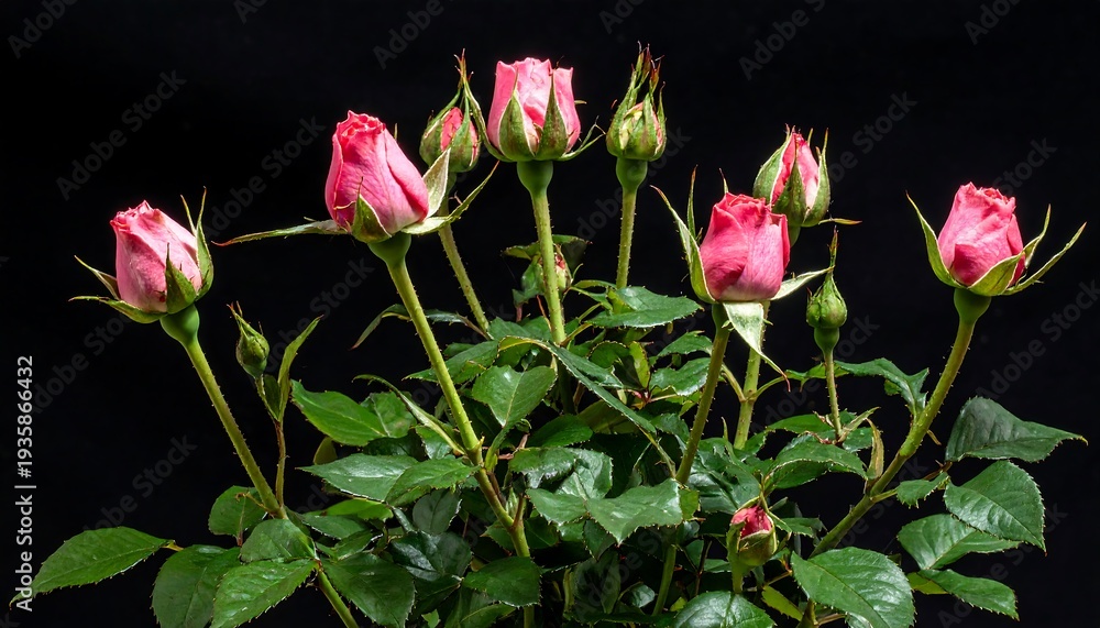Obraz premium Close-up of several pink rose blossoms and buds against a dark, contrasting background, capturing their beauty