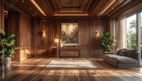 Luxurious Wooden Interior Design with Natural Light and Elegant Furnishings.