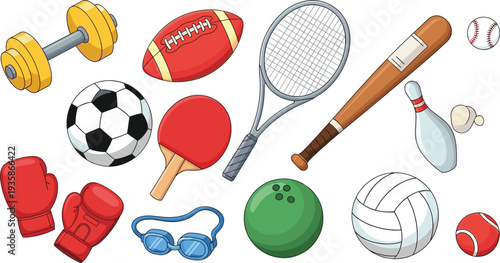 Sports equipment icons collection, balls rackets gloves dumbbell and swimming goggles, athletic game gear vector illustration set isolated on white background
